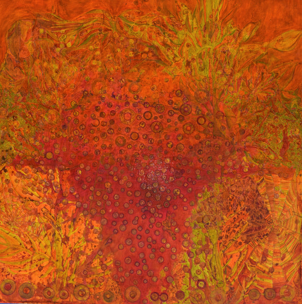 Beautiful abstract painting with colors of orange, red, green, and yellow.