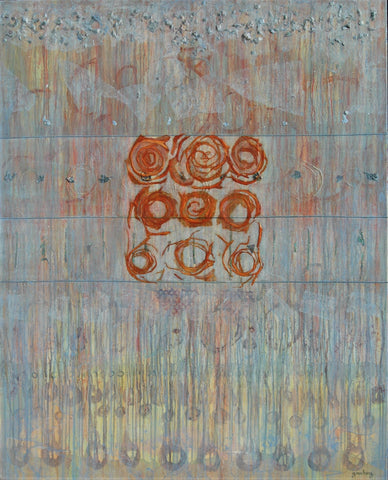 Abstract painting with grey backdrip and 3 rows of 3 red circles