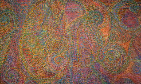Abstract painting of swirls of dots in various colors including yellow, red, orange, blue, purple, and green.