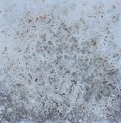 Abtract painting with light blue backdrop and wisps and spots of brown, grey, and light blue.