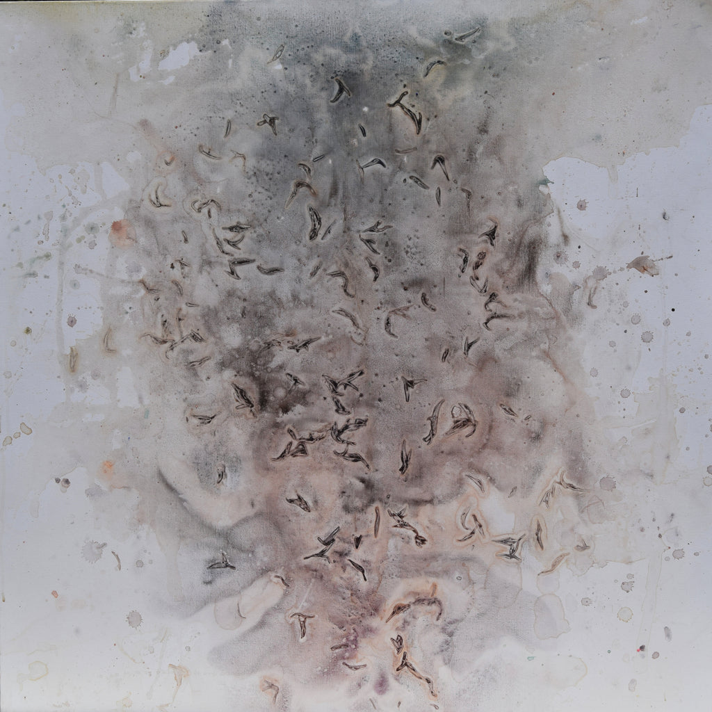 Abstract painting with light grey backdrop and wips of of browm, grey, and egie colors.