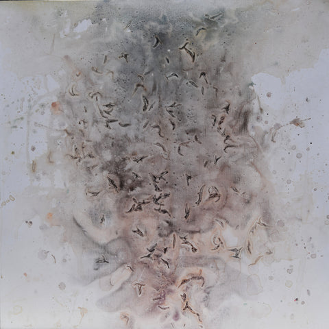 Abstract painting with light grey backdrop and wips of of browm, grey, and egie colors.