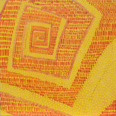 Abstract painting of orange and yellow spiral pattern
